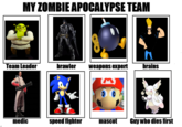MY ZOMBIE APOCALYPSE TEAM Team Leaderbrawler weapons expert brains medic speed fighter cot Guy who dies first