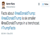Aaron Karp GrooveHaircut な 왔 Follow Facts about @realDonaldTrump: @realDonaldTrump is six smaller @realDonaldTrumps in a trenchcoat. #TrumpFacts 05 AM-8 Dec 2015