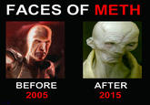 Darth Plagueis did meth for ten years and all he did was turn into Supreme Leader Snoke. On the left, you have an image of Darth Plagueis as he appeared in the _Star Wars Legends_ continuity. On the right, you have concept art of Supreme Leader Snoke from _Star Wars Episode VII: The Force Awakens_.