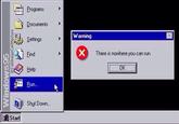 Programs Documents Settings Find Help Warning There is nowhere you can run. LO O) OK Shut Down.. Start