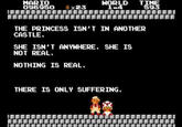 There is only suffering MARIO NORLD TIM 59 THE PRINCESS ISN ,T IN ANOTHER CAS TLE. SHE ISNT ANYHHERE. SHE IS NOT REAL. NOTHING IS REAL. THERE IS ONLY SUFFERING 窈.