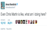 Anna Kendrick AnnaKendrick47 Even Chris Martin is like, what am I doing here? RETWEETS LIKES 12,112 24,211 囵@ LElj) 8:39 PM-7 Feb 2016