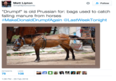 Matt Lipton @mattliptoncomic * Follow "Drumpf" is old Prussian for: bags used to catch falling manure from horses #MakeDonaldDrumpfAgain @LastWeekTon.ght RETWEETSLIKES 78 1:08 PM-29 Feb 2016