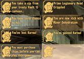 You take a sip from your trusty Vault 13 canteen... Prime Legionary Head Crippled You have zero chance to hit. You are now sick with Minor Dehydration You've lost Karma You've gained Karma You must purchase chips before you can play this game