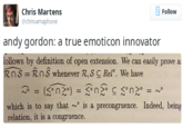 Chris Martens @chrisamaphone Follow andy gordon: a true emoticon innovator ollows by definition of open extension. We can easily prove a Ras = R n S whenever R, S C Relo. We have which is to say that ~ is a precongruence. Indeed, being relation, it is a congruence