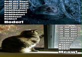 Hold the door Hold the door! Hold the doort Hold the door! Holdthedoor! Holdthedoor Holdthdoor! Holddoor! Holdor! Hodor! Let meout! Let me out Let me out! Letmeout! Lemeout! Lmeout! Meout! Meou! Meow! Meow!