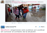 José Daniel Hdez @jodherlo - 27 jun. ¡Vergonzoso! @LydiaCumming, reportera de @TVAztecaPuebla, pide que la carguen para no mojarse. #LadyReportera t 88 ·66 Lydia C------ @LydiaCumming Seguir @jodherlo vergonzoso solo publicar por publicar sin conocer el contexto de la situación