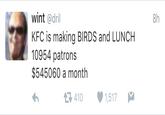 wint @dril KFC is making BIRDS and LUNCH 10954 patrons $545060 a month わ 8h 410 1,517 1