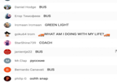 Daniel Hodge BUS Erop TMMopees BUS Ircmaan Ircmaan GREEN LIGHT goku64 trom WHAT AM I DOING WITH MY LIFE? StarShine739 COACH janientje22 BUS CCKMe Bernardo Canavati BUS philip G oohh snap