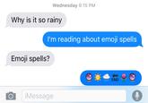 Wednesday 9:15 PM Why is it so rainy I'm reading about emoji spells Emoji spells? END iMessage