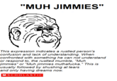 "MUH JIMMIES" This expression indicates a rustled person's confusion and lack of understandina. When nfronted with som or respond to, the rustled mumble, "Muh immies" or "Muh jimmies muthafucka." This is usually followed by shushing at tears 3 5 3 and only having dreams now SCHOLASTIC