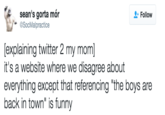 sean's gorta mór @SocMalpractice Follow explaining twitter 2 my mom] it's a website where we disagree about everything except that referencing "the boys are back in town" is funny