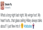 Debate Fly @DebateFly What a long night last night. My wings hurt. My heart hurts...that glass ceiling Hillary always talks about? I just flew into it #debates