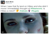 Zach Mruk @zachmruk When I saw that fly land on Hillary and she didn't move I immediately thought of #Westworld· Hillary a robot? tdebate ▼ #flygate GIF