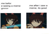me befor e seeing a meme me after i saw a meme. its good