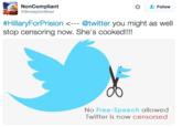 NonCompliant @BmslaytonBrad Follow #HillaryForPrision <--. @twitter you might as well stop censoring now. She's cooked!!! No Free-Speech allowed Twitter is now censorsed