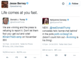 Jesse Berney @jesseberney Follow Life comes at you fast Donald J. Trump @realDonaldTrump Kellyanne Conway @kellyannePolls We are winning and the press is refusing to report it. Don't let them fool you- get out and vote! #DrainTheSwamp on N vember 8th! 10:17am-24 Oct 2016 Twitter for iPhone NEW:.@realDonaldTrump concedes he's'somewhat behind in the polls politi.co/2eog7J6 (&don't count him out-#winning is his thing) 3:31pm 24 Oct 2016-Twitter Web Client Florida, USA, United States 224 RETWEETS 497 LIKES 14,114 RETWEETS 29,774 LIKES L7