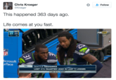 Chris Kroeger @Kroeger Follow This happened 363 days ago. Life comes at you fast. SEA 27 23 4TH :29 FOX NFL FL icrosoft rface SEATTLE SEAHAWKS LOST 4TH QUARTER LEAD IN LAST 5 LOSSES LED 23-14 TODAY