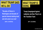 WHAT TRUMP SAIDWHAT TRUMP IS HE'LL DO DOING "Decades of failure in Washington and decades of special-interest dealing must and will come to an end." Trump Campaigned Against Lobbyists, but Now They're on His Transition Team (WaPo, 10/1912016) (NYT, 11/112016) trickedbytrump.org