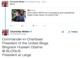 Charlotte Wilder @TheWilderThings Dec 2 Same Mic @mic EXCLUSIVE: @POTUS is considering post-presidential digital media career. bit.ly/2gvYm9e 5 Charlotte Wilder @TheWilderThings Follow Commander-in-Chartbeat President of the United Blogs Blograck Hussein Obama @ BLOGUS President at Large