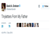 David A. Grahame @GrahamDavidA Follow Tinyletters From My Father RETWEETSL LIKES 20 79 4:34 PM-2 Dec 2016