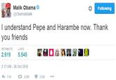Malik bama e . @ObamaMalik Following I understand Pepe and Harambe now. Thank you friends RETWEETS LIKES 0 2,919 5,545 2:17 AM -26 Oct 2016 わ114 t3 2.9K ·55K