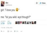 dev Follow @idontcurve " girl: "i love you me: "lol you wild. wyd though?" RETWEETS LIKES 3,734 3,719 11:55 AM- 29 Nov 2015 17 다 3.7K 3.7K