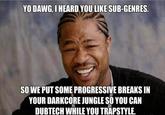 YO DAWG,I HEARD YOULIKE SUB-GENRES. SO WE PUT SOME PROGRESSIVE BREAKS IN YOUR DARKCORE JUNGLE SO YOU CAN DUBTECH WHILE YOU TRAPSYLE.