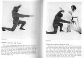 Figure 73. Figure 74 MONKEY STEALS THE PEACH Application of Monkey Steals the Peach This is the classical name for the upward groin slap. Drop to the right knee, swinging the arms like windmills to distract the enemy and deflect any defense he may offer. The left arm ends in jodan, the rising forearm block, protecting the head as you drop low and slide forward without stepping The right arm swings up and back, circling from the shoulder. Turn the palm up as it swings between the enemy's feet to Whip the arms as described and strike the enemy's groin. with the open palm, fingers bent at the first joint in a Mon key Paw or Tiger Claw fist (Figure 74). The impact will lift the enemy ff the ground. Those skilled in chi kung can direct energy up the Chueng Mo channel of the body and stop the heart. Followers of the Iron Hand styles immedi- ately clench their fists tightly, with a crushing grip, and jerk the hand sharply back to the near hip, effectively ripping away the genitals. Massive blood loss causes death. stun him (Figure 73).