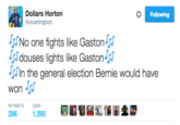 Dollars Horton @crushingbort Following INo one fights like GastonJ Idouses lights like Gaston in the general election Bernie would have won RETWEETS LIKES
