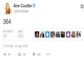 Ann Coulter @AnnCoulter 364 RETWEETS LIKES 332 11:57 AM- 21 Jan 2016 わ67 t399 332