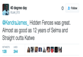 Follow 40 degree day @Loki 013 @KendraJames_ Hidden Fences was great. Almost as good as 12 years of Selma and Straight outta Katwe RETWEETSLIKES 128 244