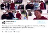 Michelle Obama Side Eye jomny sun @jonnysun Follow the only good moment of this inauguration is michelle jim-facing the camera like "why did she give me this box" 10:37 AM-20 Jan 2017 27,663 47,453