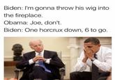Biden: I'm gonna throw his wig into the fireplace. Obama: Joe, don't. Biden: One horcrux down, 6 to go.
