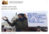 Cara Compass @CaraCompass roses are red grass is green NEVER UNDERESTIMATE THE POWER OF A F----- WITH A TAMBOURINE 1/21/17, 12:28 PM