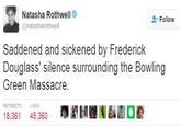 Natasha Rothwell @natasharothwell " Follow Saddened and sickened by Frederick Douglass sllence surrounding the Bowling Green Massacre. RETWEETS LIKES t-.?OA·D 18,361 45,360