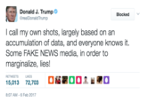 Donald J. Trump Φ @realDonaldTrump Blocked v I call my own shots, largely based on an accumulation of data, and everyone knows it. Some FAKE NEWS media, in order to marginalize, lies! RETWEETS LIKES 15,013 72,703 or. 00。LO 8:07 AM-6 Feb 2017