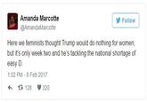 Amanda Marcotte @AmandaMarcotte Follow Here we feminists thought Trump would do nothing for women, but it's only week two and he's tackling the national shortage of easy D 1:02 PM 8 Feb 2017 わ 42-128 320
