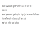 secret government agent: *punches me in the face* say it me: never secret government agent: say that they're just two women that have an intense friendship and are just gals being pals me: *spits in their face* f--- you aim