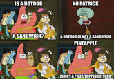 IS A HOTDOG NO PATRICK ASANDWICHAHO A HOTDOG IS NOT A SANDWICH PINEAPPLE IS NOTA PIZZA TOPPING EITHER