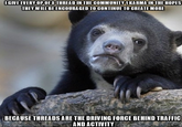 I GIVEEVERY OP OFATHREAD IN THE COMMUNITY 1 KARMA IN THEHOPES THEY WILL BEENGOURAGED TO CONTINUE TO GREATEMORE BECAUSETHREADS ARETHE DRIVING FORCE BEHIND TRAFFIC AND ACTIVITY Bear photo caption mammal terrestrial animal fauna bear snout