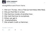 julian peppers @chuchugoogoo straightforward from here: 1. We turn Trump, into a Flee [a harmless little flee] 2. We put that flee in a box 3. We that box inside of another box. 4. We mail that box to ourselves 5. When we get it. 6. Ahahahahaha 7. We smash it with a Hammer. 0:28 AM-16 Feb 2017