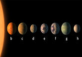 Photo Credit: JPL-CALTECH/NASA

Seven Earth-sized planets orbit the star TRAPPIST-1 with short periods, from 1.5 to 20 Earth days. This artist’s illustration shows potential differences in the planets’ surfaces and sizes.
