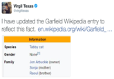 Virgil Texas @virgiltexas I have updated the Garfield Wikipedia entry to reflect this fact. en.wikipedia.org/wiki/Garfield_... Information Species Gender Family Tabby cat Nonel ] Jon Arbuckle (owner) Sonja (mother) Raoul (brother)
