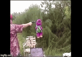 Barney Meets His Maker Made this gif, but credit goes to the original creator.
<iframe width="560" height="315" src="https://www.youtube.com/embed/AZYErjxUqyE?ecver=1" frameborder="0" allowfullscreen></iframe>