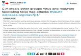 11-WikiLeaks* Follovw @wikileaks CIA steals other groups virus and malware facilitating false flag attacks #Vault7 wikileaks.ora/ciav7p1/ UMBRAGE The CIA's hand crafted hacking techniques pose a problem for the agency. Each technique it has created forms a "fingerprint" that can be used by forensic investigators to attribute multiple different attacks to the same entity. This is analogous to finding the same distinctive knife wound on multiple separate murder victims. The unique wounding style creates suspicion that a single murderer is responsible. As soon one murder in the set is solved then the other murders also find likely attribution. The CIA's Remote Devices Branch's UMBRAGE group collects and maintains a substantial library of attack techniques 'stolen' from malware produced in other states including the Russian Federation. With UMBRAGE and related projects the CIA cannot only increase its total number of attack types but also misdirect attribution by leaving behind the "fingerprints of the groups that the attack techniques were stolen from. UMBRAGE components cover keyloggers, password collection, webcam capture, data destruction, persistence, privilege escalation, stealth, anti-virus (PSP) avoidance and survey techniques. 4,830 4,159 OO RETWEETS LIKES