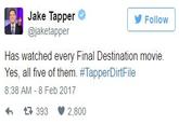 Jake Tapper @jaketapper Follow Has watched every Final Destination movie. Yes, all five of them. #TapperDirtFile 8:38 AM - 8 Feb 2017 わ 393 2,800