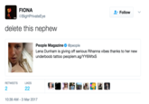 Twitter Example 2 FIONA @BigHPrivateEye -Follow , delete this nephew People Magazine@people Lena Dunham is giving off serious Rihanna vibes thanks to her new underboob tattoo peoplem.ag/YY6WtxS ETWEETS LIKES 10:39 AM-3 Mar 2017