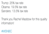 Trump: 25% tax rate Obama: 19.5% tax rate Sanders: 1 3.5% tax rate Thank you Rachel Maddow for this quality information! #MSNBC