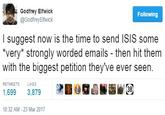 Godfrey Elfwick @GodfreyElfwick Following l suggest now is the time to send ISIS some *very* strongly worded emails then hit them with the biggest petition they've ever seen RETWEETS LIKES 38 1,699 3,879 10:32 AM 23 Mar 2017
